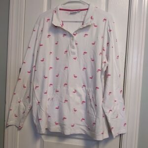 White Pullover Top W/ Pink Flamingo Print Womens 1X Kangaroo Pocket Whimsical